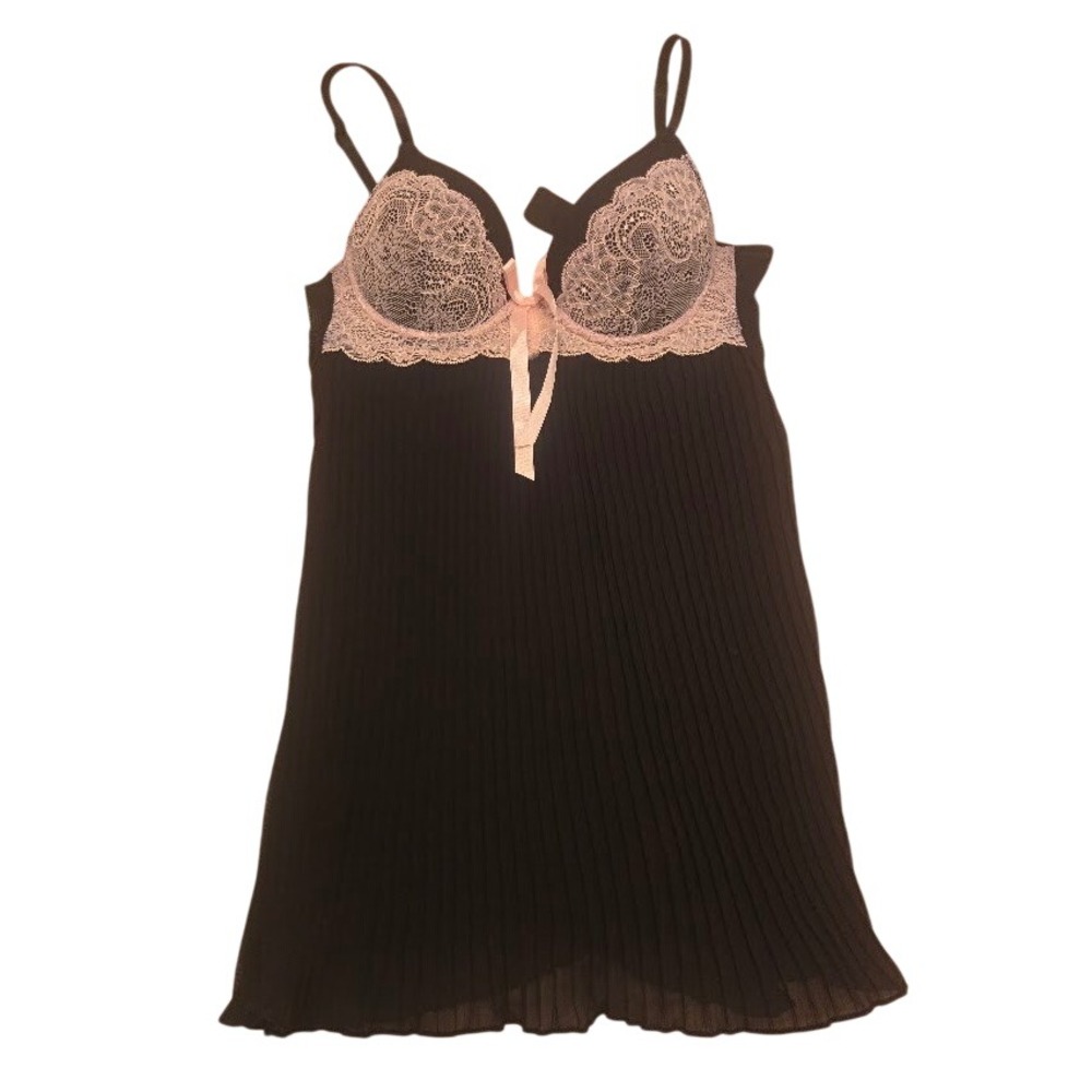 Intimates Black Pink Lace Pleated Babydoll Chemise Lingerie Size M RN 71222